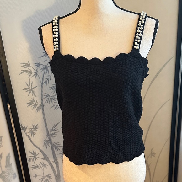 Aqua Tops - Aqua Black Scallop Knit Camisole with Pearl Straps